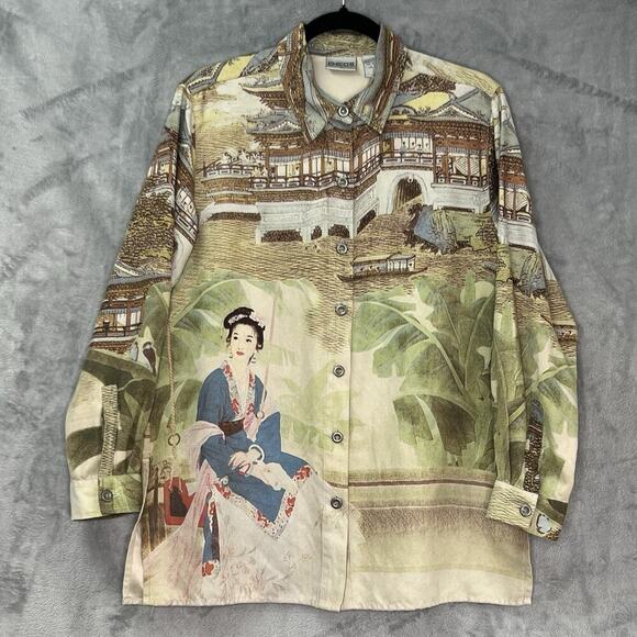 Chicos Womens Sz M Blouse Shirt Oriental Asian Women Geisha All Over Print Uniq - Picture 2 of 12